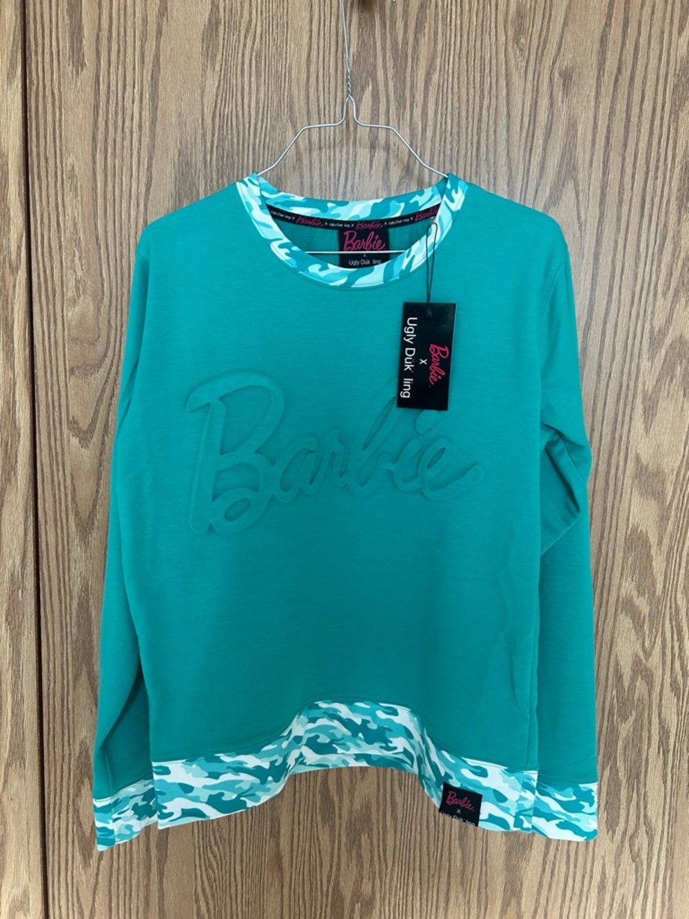 NWT Barbie Teal Sweatshirt with White & Teal Camo Trim medium ptp 20 inches